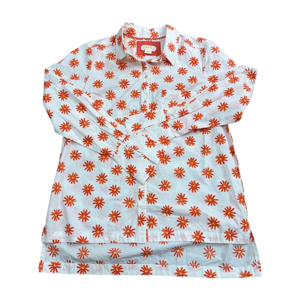 Maeve Daisy Floral Button Down Shirt Women Size Small White/Orange Hi-Low Hem